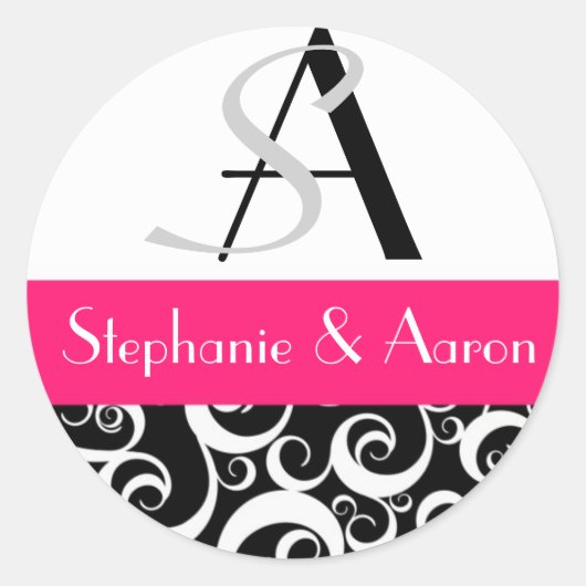 Damask Wedding Monogram in Black en Hot Pink Ronde Sticker (Voorkant)
