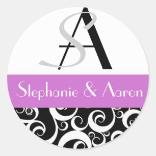 Damask Wedding Monogram in Black en Paars Ronde Sticker