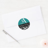 Damask Wedding Monogram in zwart en Blauwgroen Ronde Sticker (Envelop)