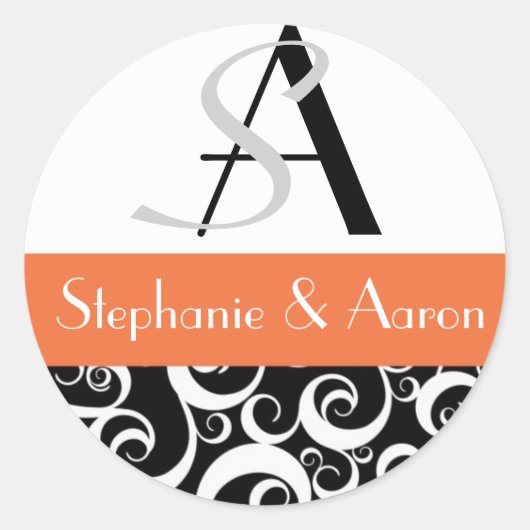 Damask Wedding Monogram in zwart en Oranje Ronde Sticker (Voorkant)