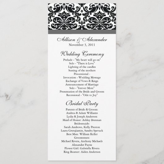 Damask Wedding Program Black & Charcoal Grey Programmakaart (Voorkant)
