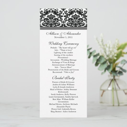 Damask Wedding Program Black & Charcoal Grey Programmakaart (Staand voorkant)