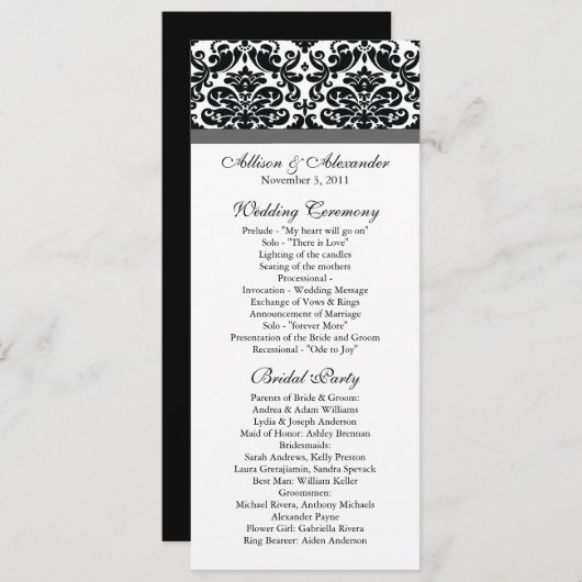 Damask Wedding Program Black & Charcoal Grey Programmakaart (Voorkant / Achterkant)