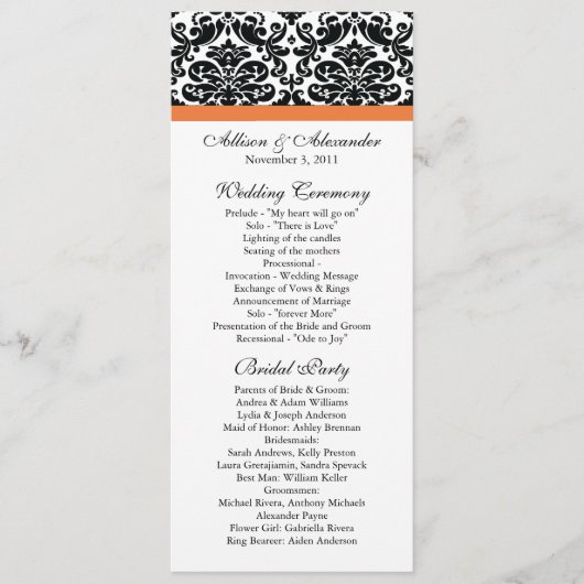 Damask Wedding Program Black & Coral Roos Programmakaart (Voorkant)