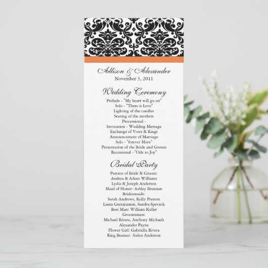 Damask Wedding Program Black & Coral Roos Programmakaart (Staand voorkant)