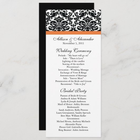 Damask Wedding Program Black & Coral Roos Programmakaart (Voorkant / Achterkant)