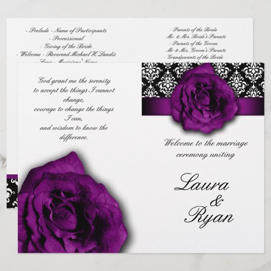 Damask Wedding Program Flyer Paars Roos 2 (Voorkant / Achterkant)