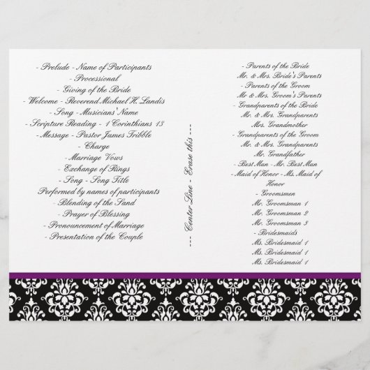 Damask Wedding Program Flyer Paars Roos 2 (Achterkant)