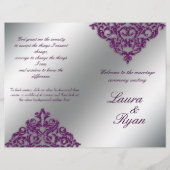 Damask Wedding Program Flyer Silver Paarse Glitter (Voorkant)