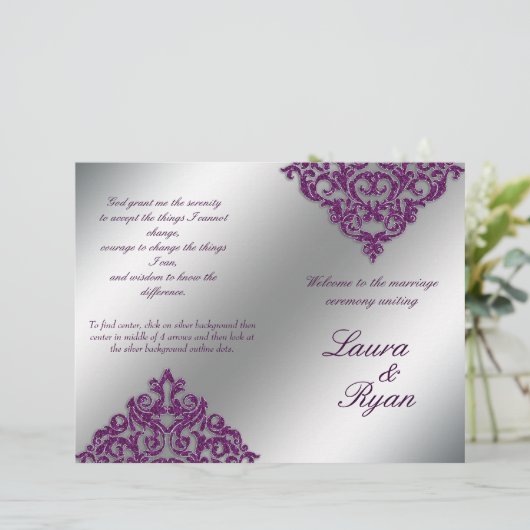 Damask Wedding Program Flyer Silver Paarse Glitter (Staand voorkant)