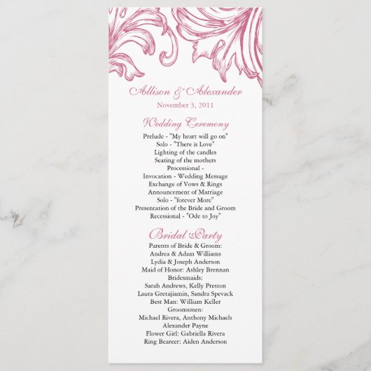 Damask Wedding Program Honeysuckle Pink Programmakaart (Voorkant)