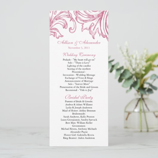 Damask Wedding Program Honeysuckle Pink Programmakaart (Staand voorkant)