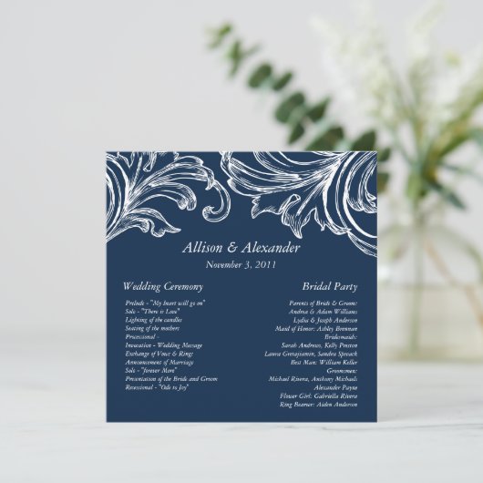 Damask Wedding Program Navy Blue & White Programmakaart (Staand voorkant)