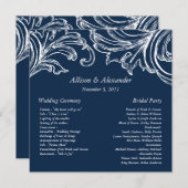Damask Wedding Program Navy Blue & White Programmakaart (Voorkant / Achterkant)