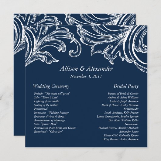  Damask Wedding Program Navy Blue & White Programmakaart (Voorkant / Achterkant)