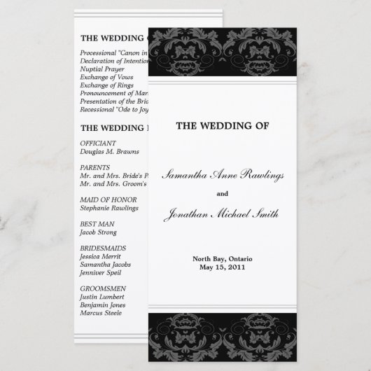 Damask Wedding Program - Zwart-wit bruiloft Programmakaart (Voorkant / Achterkant)