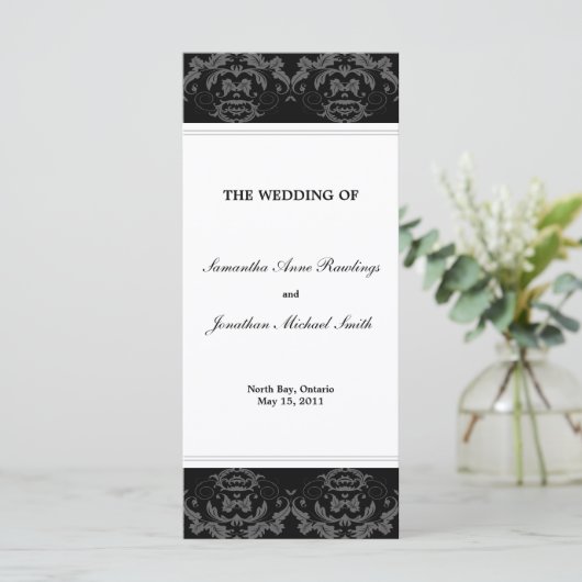 Damask Wedding Program - Zwart-wit bruiloft Programmakaart (Staand voorkant)
