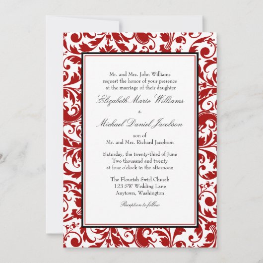 Damask Wedding Red en Black Swirl Kaart (Voorkant)