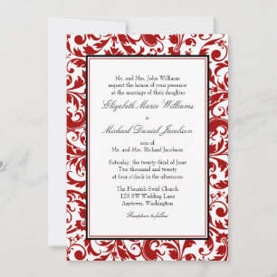 Damask Wedding Red en Black Swirl Kaart