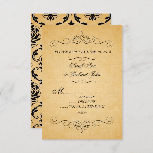  Damask Wedding RSVP Swirls Flourish (Voorkant / Achterkant)