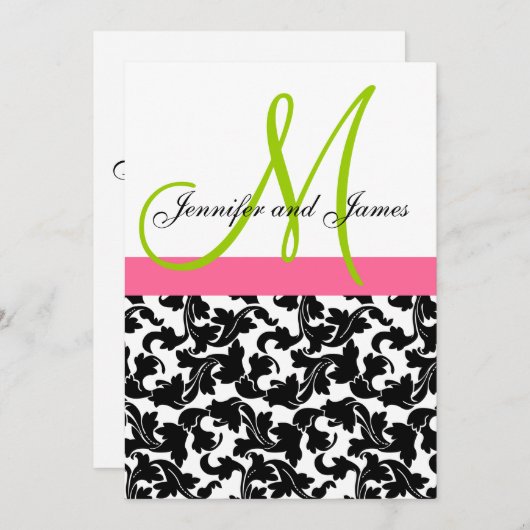 Damask Wedding Uitnodiging Monogram Groen Roze (Voorkant / Achterkant)