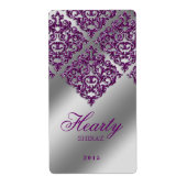 Damask Wedding Wine Label Sparkle Purple Silver (Voorkant)