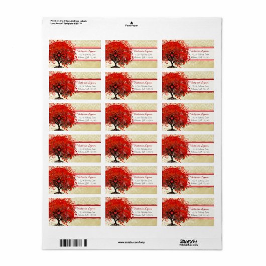 Damask Whimsical Heart Leafed Tree Red Pink Stippe Etiket (Full Sheet)