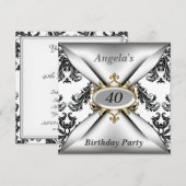 Damask White Birthday Party - zwarte uitnodiging (Voorkant / Achterkant)