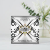 Damask White Birthday Party - zwarte uitnodiging (Staand voorkant)