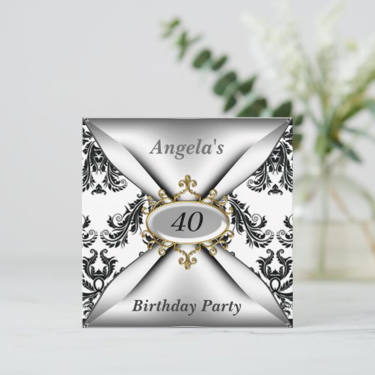 Damask White Birthday Party - zwarte uitnodiging (Staand voorkant)