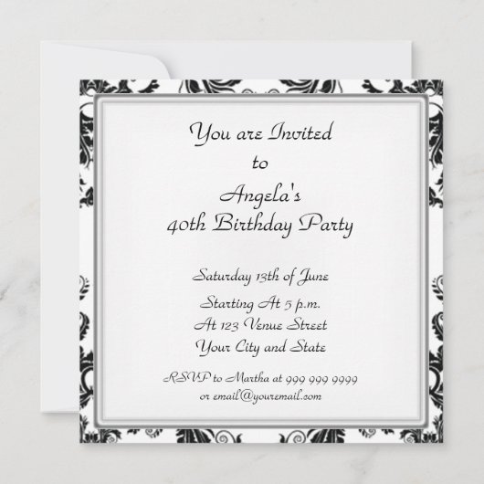 Damask White Birthday Party - zwarte uitnodiging (Achterkant)