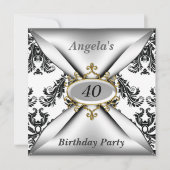 Damask White Birthday Party - zwarte uitnodiging (Voorkant)
