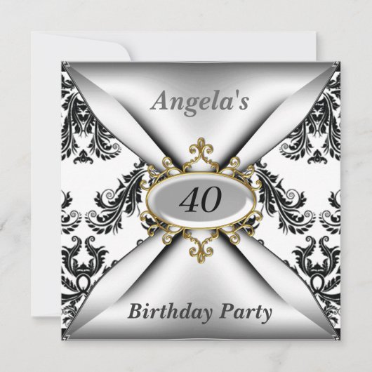 Damask White Birthday Party - zwarte uitnodiging (Voorkant)