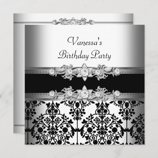 Damask White Black Birthday Party Kaart (Voorkant / Achterkant)