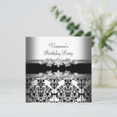 Damask White Black Birthday Party Kaart (Staand voorkant)