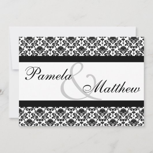 Damask White en Black Formal Wedding Invitation Kaart (Voorkant)