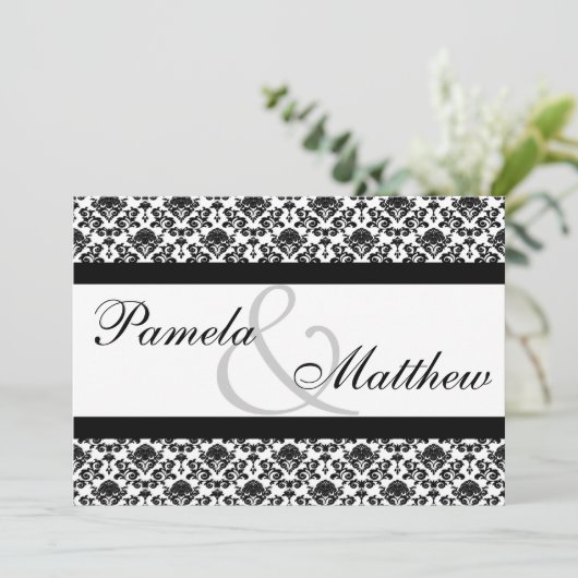 Damask White en Black Formal Wedding Invitation Kaart (Staand voorkant)