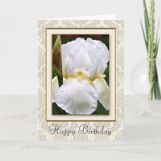 Damask White Iris Happy Birthday Kaart (Voorkant)