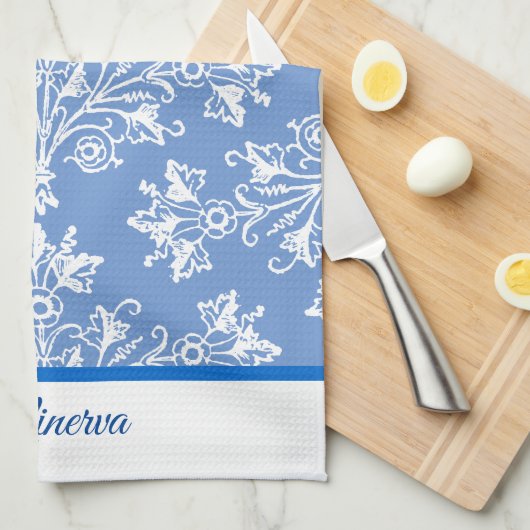 Damask White met Editable Border Theedoek (Quarter Fold)