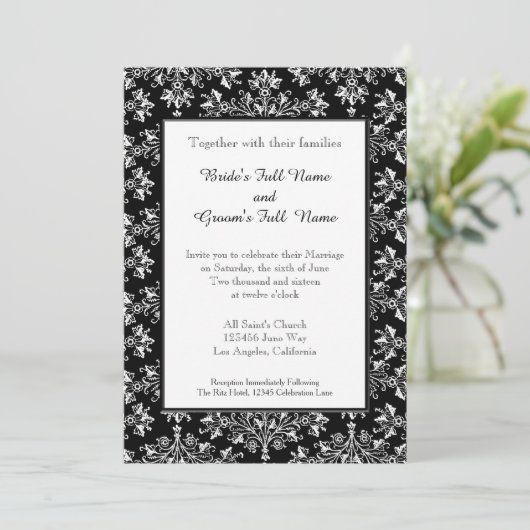 Damask White op Black Editable Wedding Invitation Kaart (Staand voorkant)