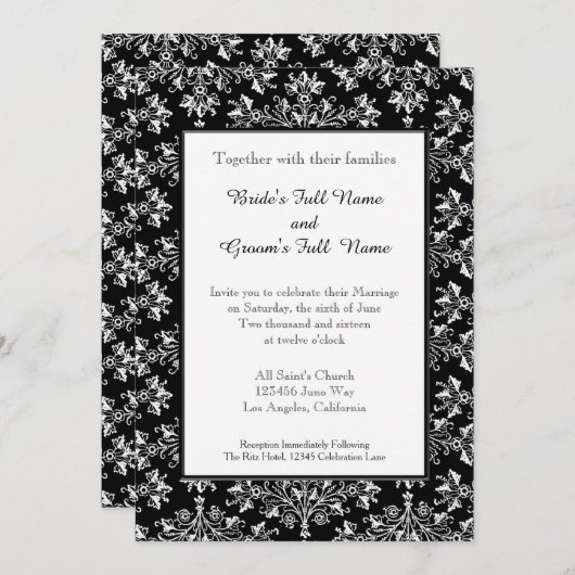 Damask White op Black Editable Wedding Invitation Kaart (Voorkant / Achterkant)