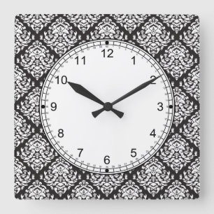 Damask White op Black Vierkante Klok