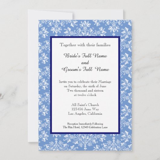 Damask White op Cornflower Blue Editable Wedding Kaart (Voorkant)