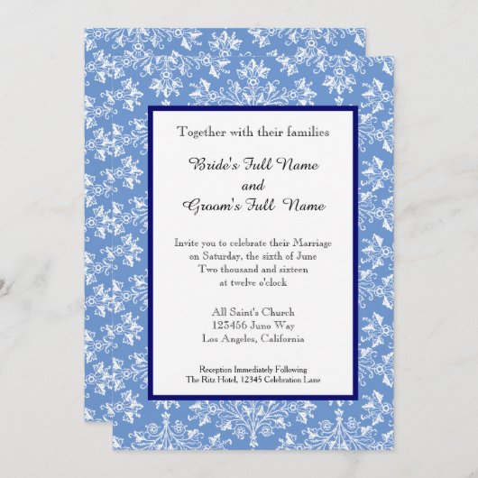 Damask White op Cornflower Blue Editable Wedding Kaart (Voorkant / Achterkant)