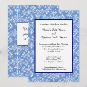 Damask White op Cornflower Blue Editable Wedding Kaart