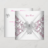 Damask White Pink Floral Jewel Bow Party Kaart (Voorkant / Achterkant)