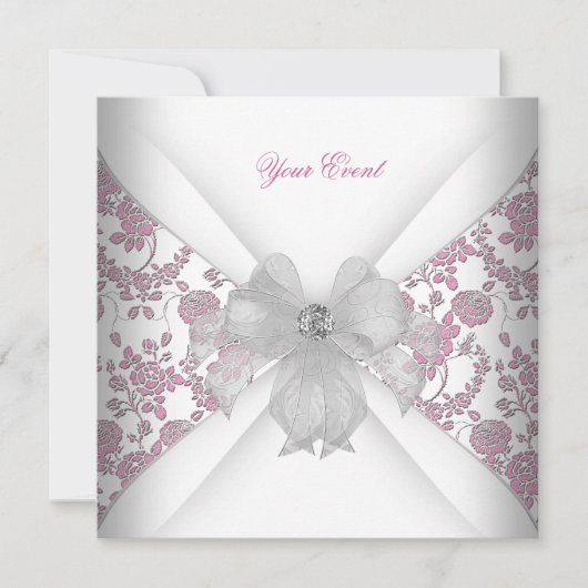 Damask White Pink Floral Jewel Bow Party Kaart (Voorkant)