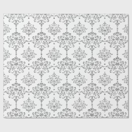 Damask White Royal Gray Silver Glitter Cadeaupapier (Vlak)