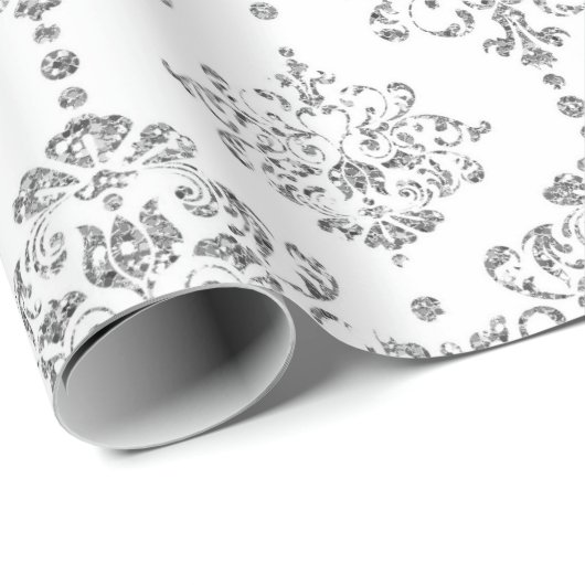 Damask White Royal Gray Silver Glitter Cadeaupapier (Rol Hoek)