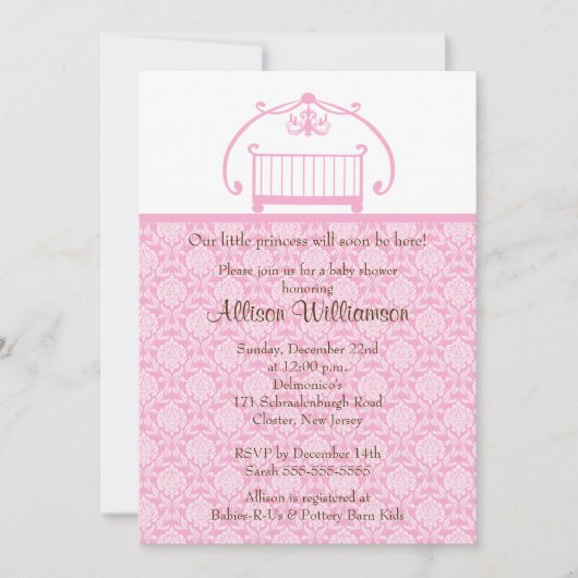 Damask Wieg Girl Baby shower Invitation Kaart (Voorkant)